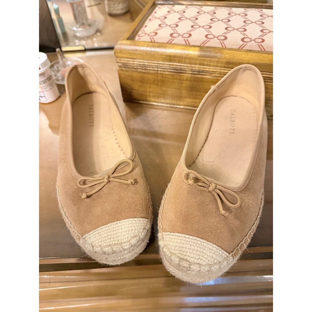 Talbots Suede Espadrille Flats Size 7.5 Tan Sand Leather Upper Bow